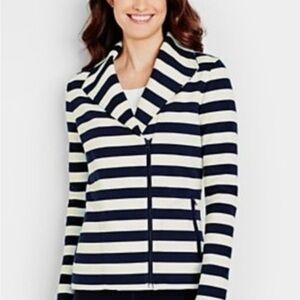 Talbots Black and White Striped Moto Jacket/Cardigan Size Large Petite